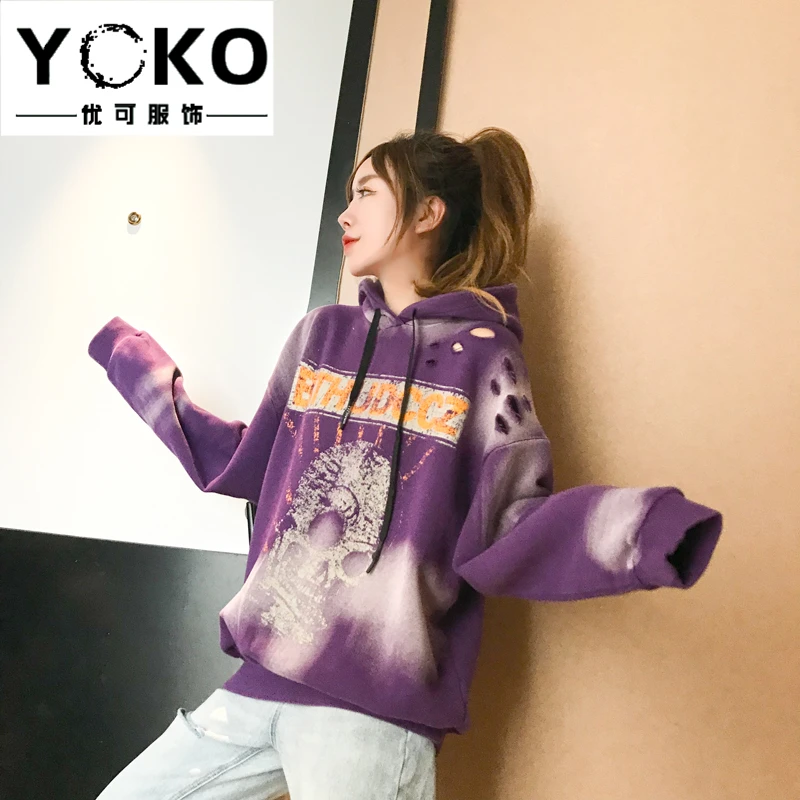 YOKO Новая Женская Весенняя и осенняя Толстовка c капюшоном женская уличная модная одежда с принтом черепа пуловер рубашка тренд ins - Цвет: PURPLE