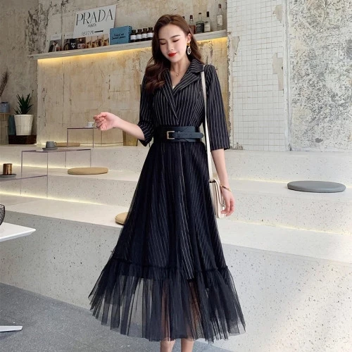 as pic Striped Three Сексуальное Сетчатое лоскутное элегантное платье с блейзером Vestidos весна лето Зубчатый воротник три четверти рукав длинное платье свободный пояс - Цвет: as pic Striped Three