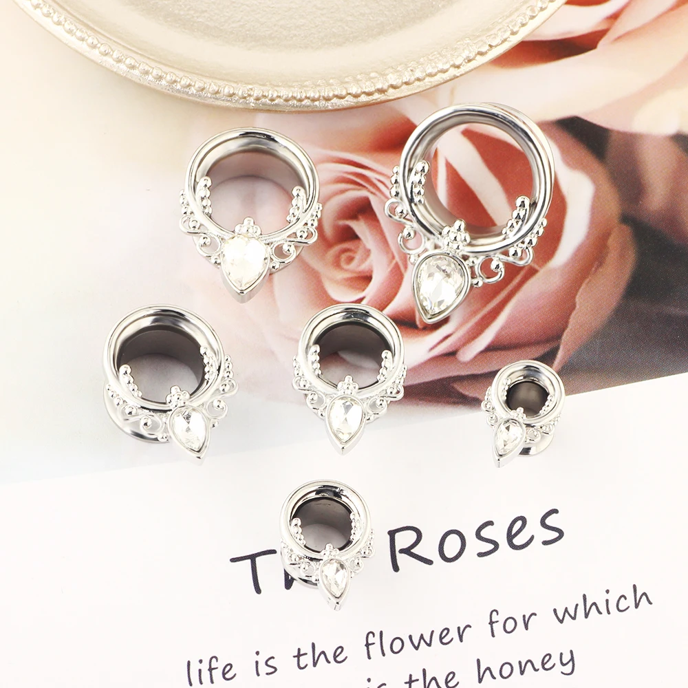 CZ crystal ear tunnels and plugs double flare ear piercing plugs gauges stretcher expander kit wholesales 6-16mm rose gold