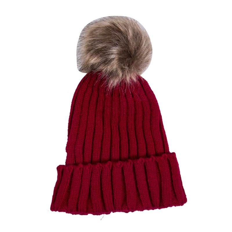 Модная подходящая шляпа Для женщин детские теплые, зимние, Вязаные Шапочка мех с помпоном-кисточкой шляпа «кроше» Футболки «Мама и я» лыжные Кепки набор - Цвет: Wine Red