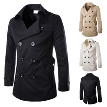 Мужской Тренч s,, Мужское пальто средней длины, приталенное повседневное пальто, мужской однотонный Тренч с регулируемой талией, уличный стиль, ветровка