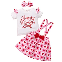 

2022 Toddler Girls Valentines Day Outfit Heart Printed Pullover Top shirt +Bow Suspender Dress +Headband Baby Girls Clothes Sets
