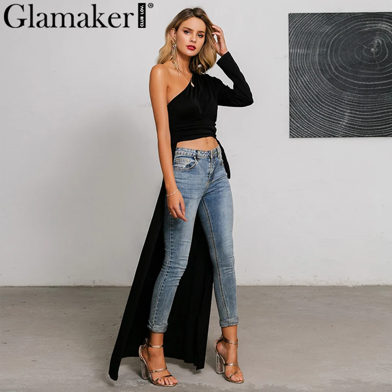 Glamaker, вязаный черный укороченный топ с асимметричным воротником, женская модная уличная одежда с пышными рукавами, женские сексуальные элегантные вечерние Клубные Топы