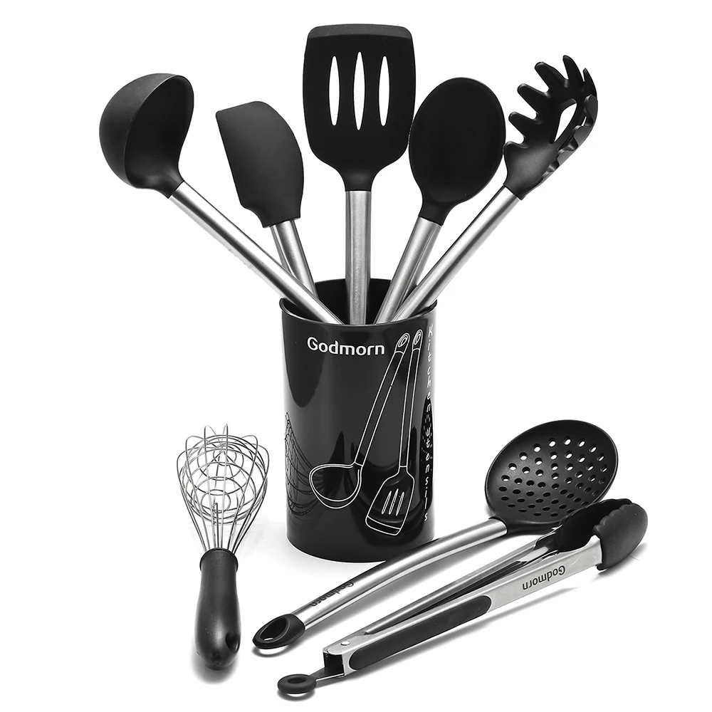 Silicone Kitchen Cooking Set Stainless Steel Cooking Set with Plastics Holder Egg beater Colander Soup spoon Kitchen Accessories