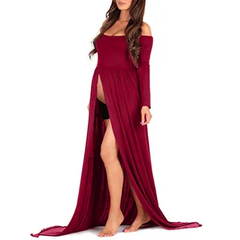 

Fashion Womens maternity dresses Polyestr O-neck Off Shoulder Blackless Long Sleeve Split Long Dress Purchasing Free shipping H4