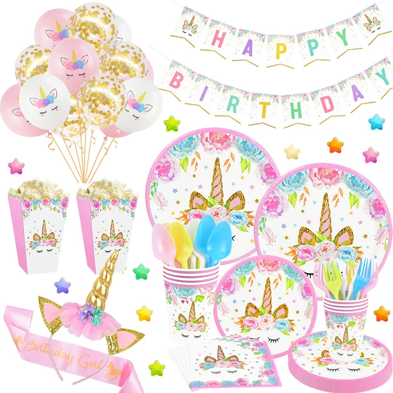 Rainbow Unicorn Birthday Party Decoration Disposable Tableware Set Unicorn Balloon Girl Baby Shower Kids Birthday Party Supplies