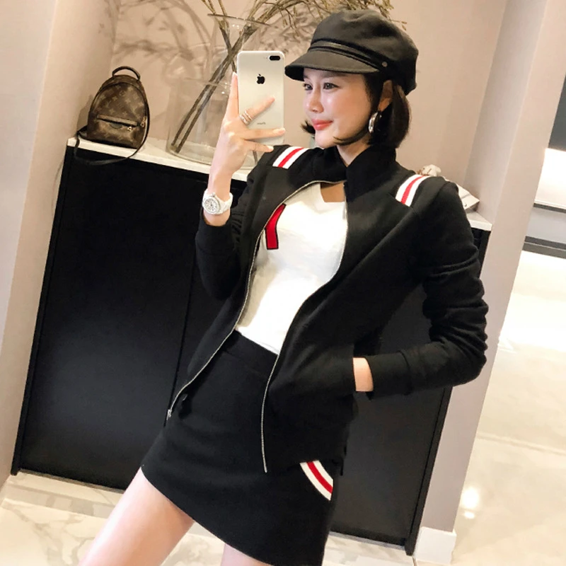 

2019 Autumn Winter Modis Streetwear Designer Two Piece set Women Black Coat and Mini Wrap Skirt Ladies 2 Piece Set Plus Size