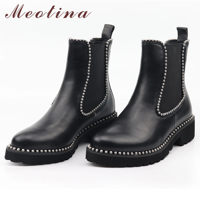 

Meotina Winter Chelsea Boots Women Boots Rivets Chunky Heels Ankle Boots Slip on Round Toe Shoes Female Autumn Plus Size 34-43