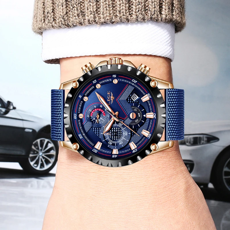 New Lige Blue Casual Mesh Belt Fashion Quartz Gold Watch Mens Watches Top Brand Luxury Waterpr-4