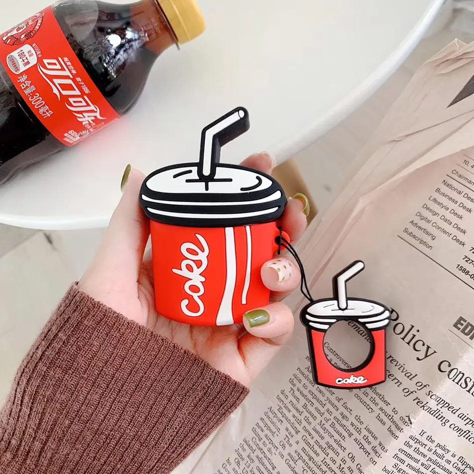 Coke Для AirPods чехол 3D милый бисквит Кола бургер чехол для наушников s для Apple Airpods 2 забавная Защитная крышка с кольцом на палец - Цвет: Coke