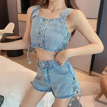 

Summer Sexy Two Piece Set Women Outfits Side Bandage Vest Crop Top High Waist Mini Skirt Set Denim Suits For Female Fashion