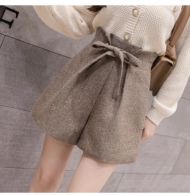 Autumn Winter New Women Wool Shorts Korean Chic Lace-Up High Waist Wide Leg Shorts Ladies Elegant Woolen Shorts