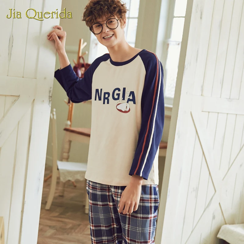Pajama Men 100% Sping Fall Pyjamas Men 2020 New High Quality Men Nightwear Plaid Bottoms Letter Printing Men's 2 Piece Home Suit