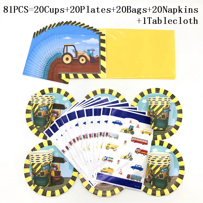 

81Pcs Construction Vehicle Birthday Party Decorations Supplies Paper Plates Cups Napkins Gift Bag Tablecloth Baby Party Sets