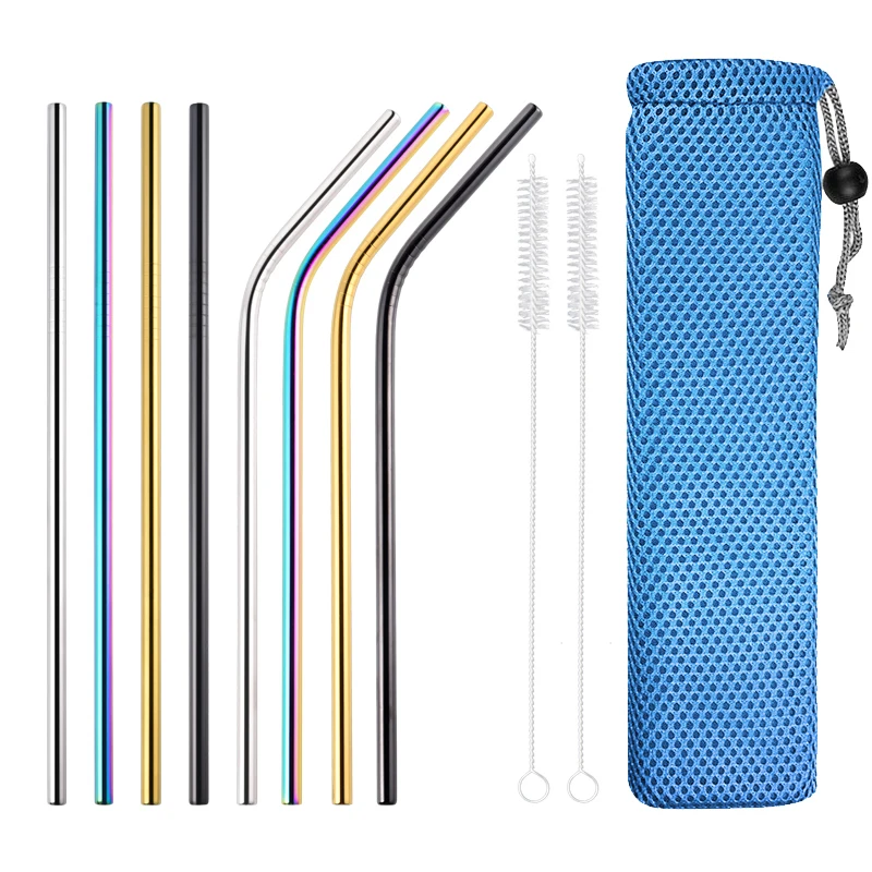 

Portable Travel Straws Reusable 18/8 Food Safe Stainless Steel Colorful Metal Drinking Straw with Cleaner Brush Bar Straw