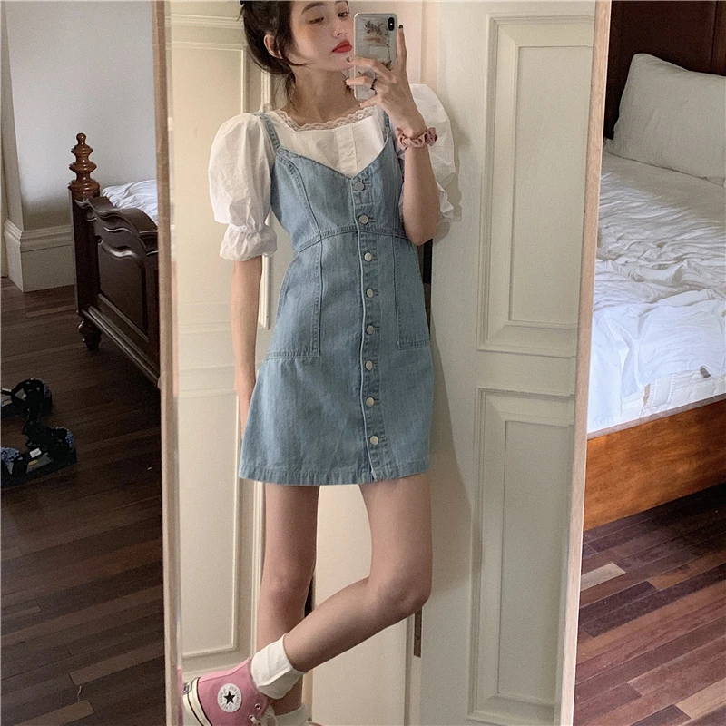 Summer Korean Sweety Girly Fashion Two Piece Set Cute Lace Puff Sleeve White Shirt Loose Denim Suspenders Dresses Casual Suit