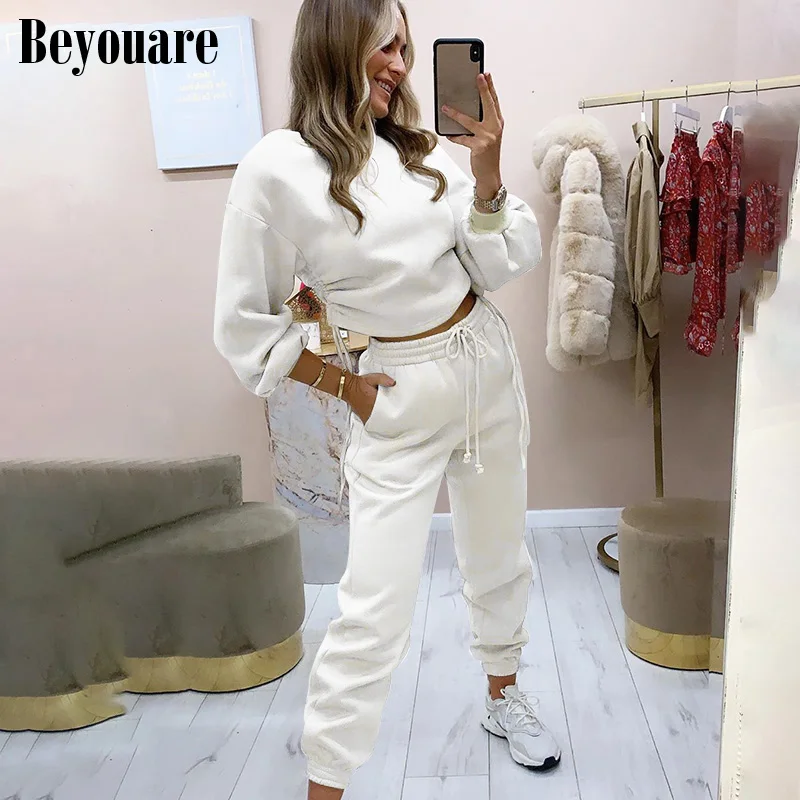 

Beyouare 2020 Autumn Cotton Casual Tracksuit Women's Two Piece Set O-Neck Crop Drawstring Sweatshirt And Sweatpants Fashion Suit