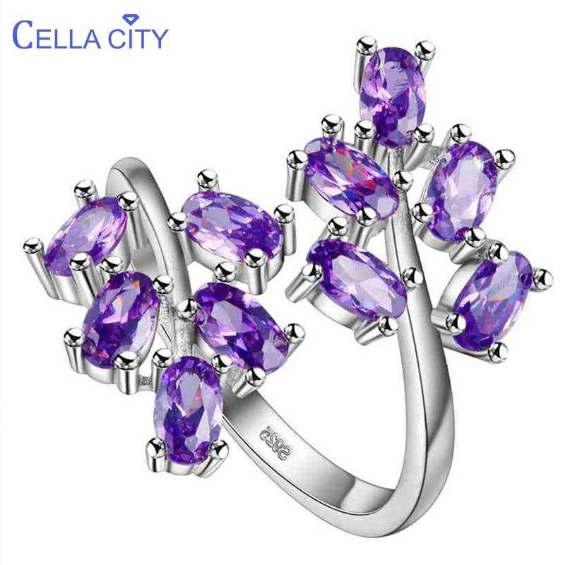 Opening adjustable Silver 925 Jewelry Gemstones Ring for Women Amethyst Ruby Powder crystal Plant Leaf Gift
