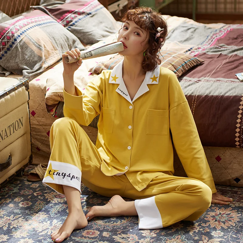 

6117 # Star Lettered Collar Cardigan CH High Quality Pure Cotton Long Sleeve Sweet Pajamas Tracksuit Two-Piece Set