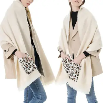 

Winter Women Warm Faux Cashmere Neck Scarf Shawl with Leopard Print Pockets