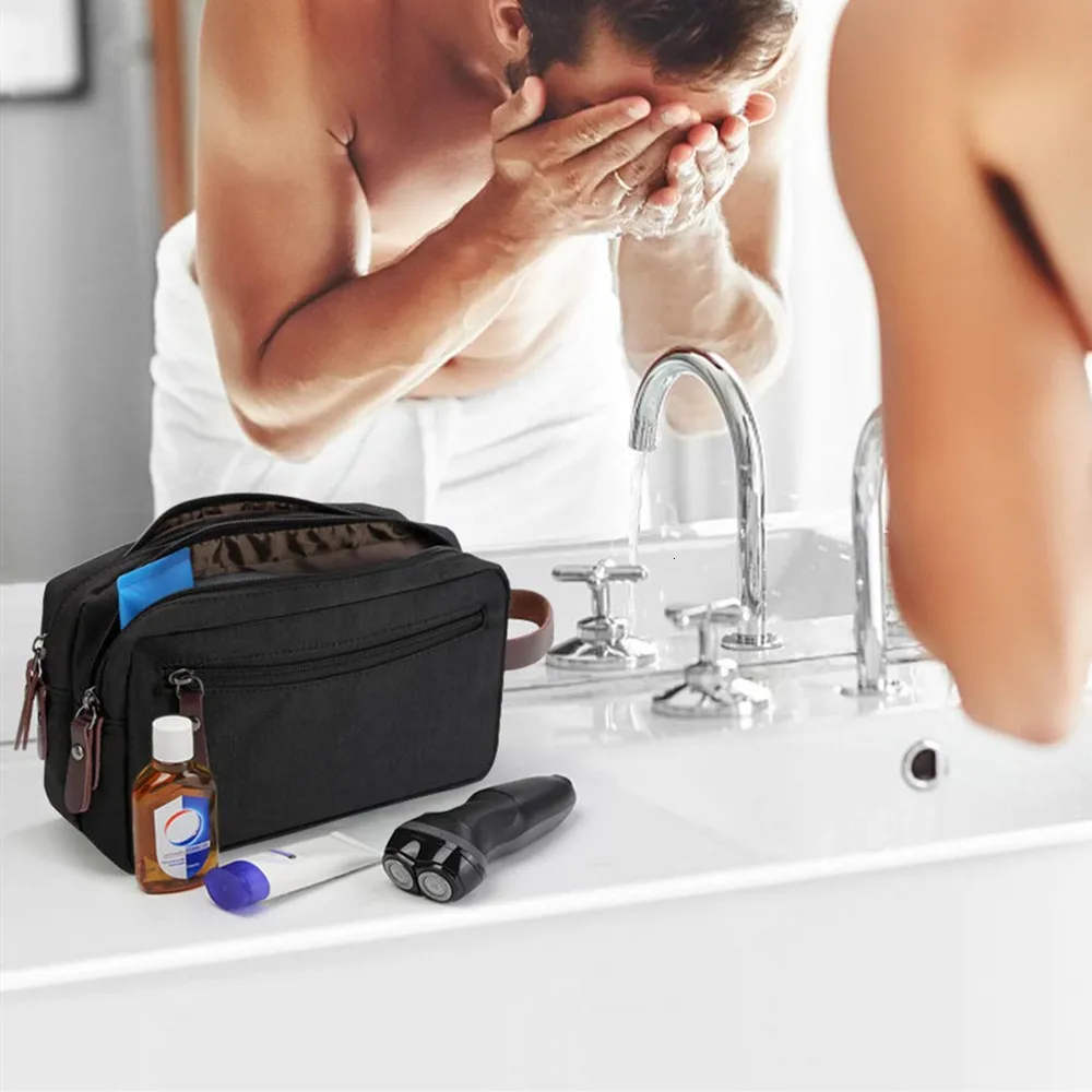 Portable Washed Canvas Double Zipper Cosmetic Bag Makeup Case Travel Organizer