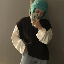 Однотонный винтажный свитер с v-образным вырезом, без рукавов, для колледжа, модный, свободный, подходит ко всему, хит, Новое поступление, зима,, женские свитера