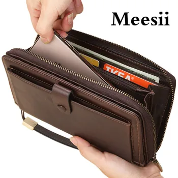 

Meesii men's wallet business Large capacity Wallet clutch bag Genuine leather purse with double zipper handbag long men's wallet