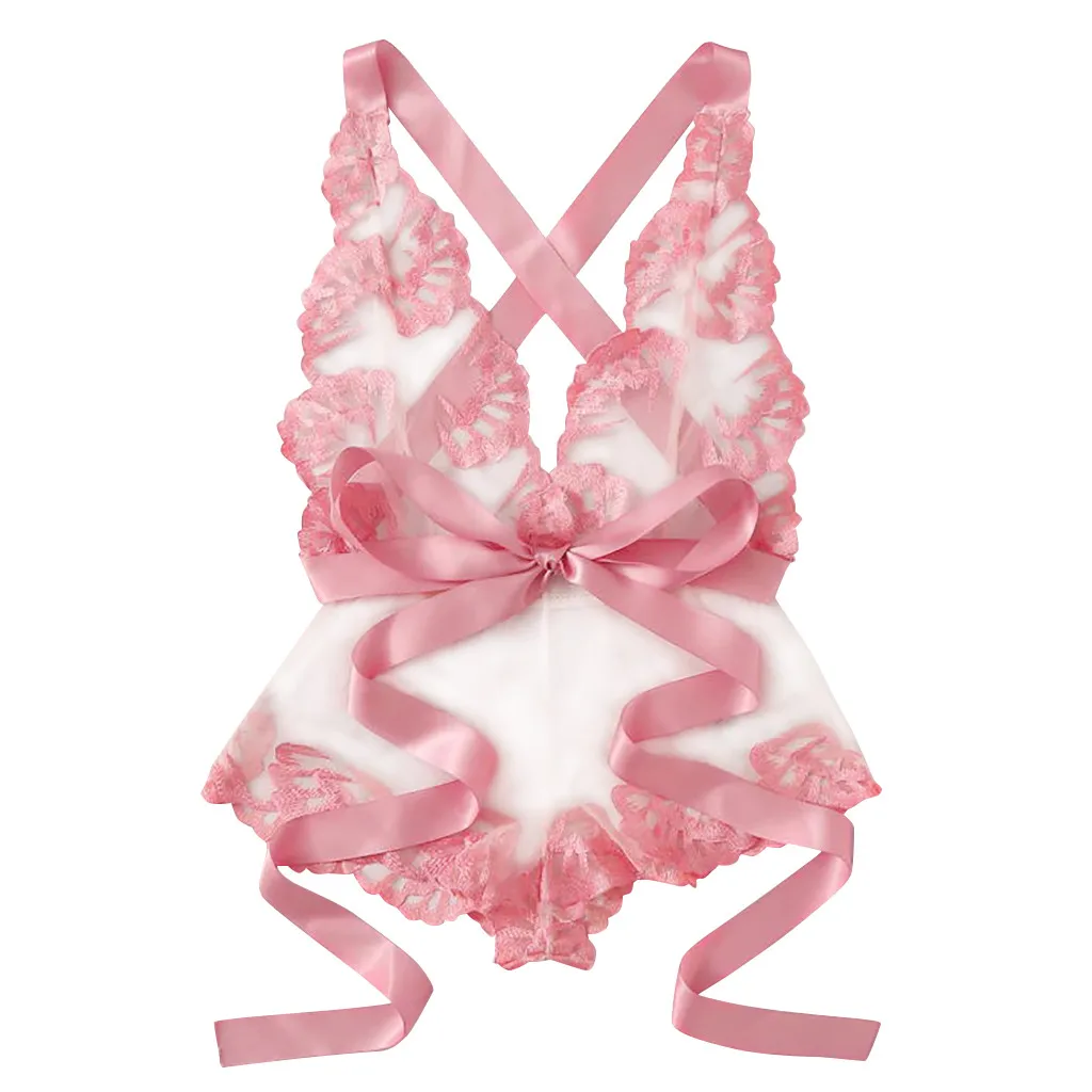 

Women Sexy Lingerie Porno Erotic Underwear Sleepwear Pink Lace Teddy Langerie Satin Bowknot lenceria mujer sexy costumes
