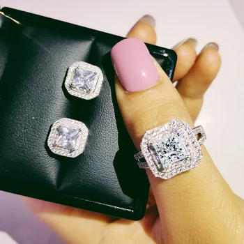 

925 Sterling Silver Jewelry set halo Engagement ring round stud earring for Wedding Valentine's Day gift Christmas J4945