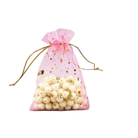 Drawstring Pouch Bags for Jewelry Organza Pouch Gold Moon Star Transparent Mesh Wedding Gifts Package Wholesale