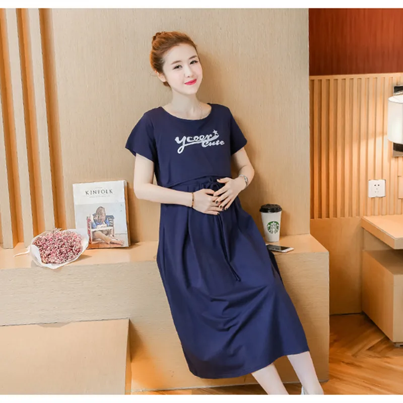 

Maternity Dresses Pregnant Print Comfortable Breastfeeding Short Sleeve Dress Women Elegant Korean Nursing Maternity Clothes