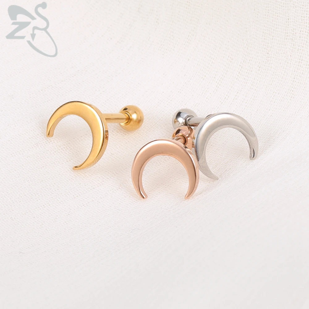 ZS 3 Color Rose Gold Moon Stud Earrings for Women Stainless Steel Cartilage Helix Piercing Ear Jewelry | Украшения и аксессуары