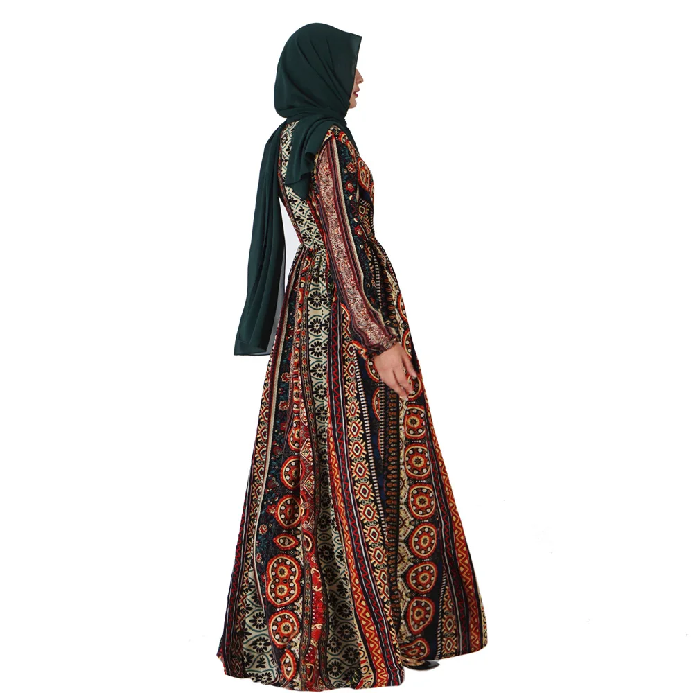 Женское мусульманское платье с цветочным принтом из полиэстера с v-образным вырезом и длинными рукавами; женские юбки до щиколотки