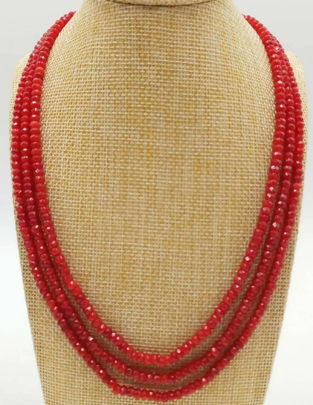 

Pretty2x4mm Natural Red Ruby Gemstone Faceted Abacus Beads 3 Row Necklace