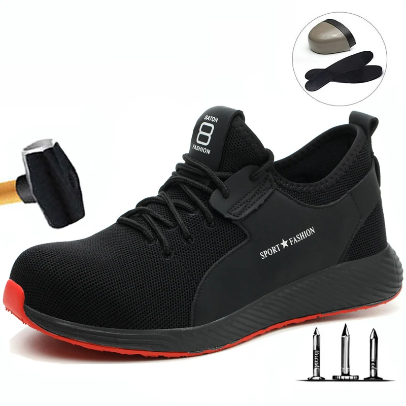 Рабочая страховая обувь; Мужская Рабочая обувь с защитой от разбивания; Мужская износостойкая дышащая мягкая модная повседневная безопасная мужская обувь - Цвет: 588-1 black