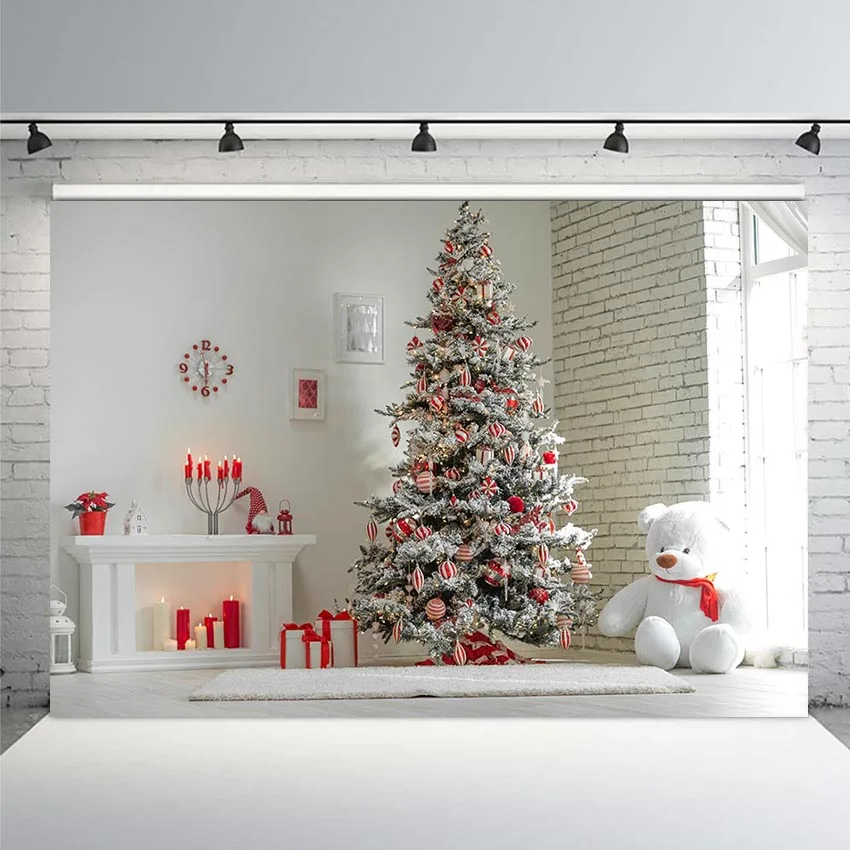 Рождественский фон Рождественская елка белый снег Новогоднее семейное украшение снежинка фон для фотостудии кирпичный камин