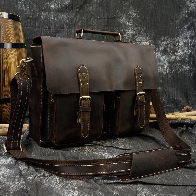 Dark Brown Unisex Large Leather Travel Laptop Bags Briefcase