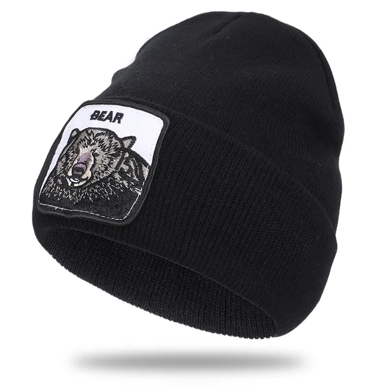Beanies с медведем, вязанная зимняя шапка для взрослых, мужская, с мультяшным животным, осенняя, Skullie,, женская, уличная, хип-хоп, Bini, Корейская, Bone Hombre Gorra - Цвет: Черный