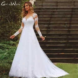 Arabic Long Sleeve Wedding Dress Lace Appliques Bride Dresses Backless A-line Scoop Neck Bridal Gowns Vestidos De Novia