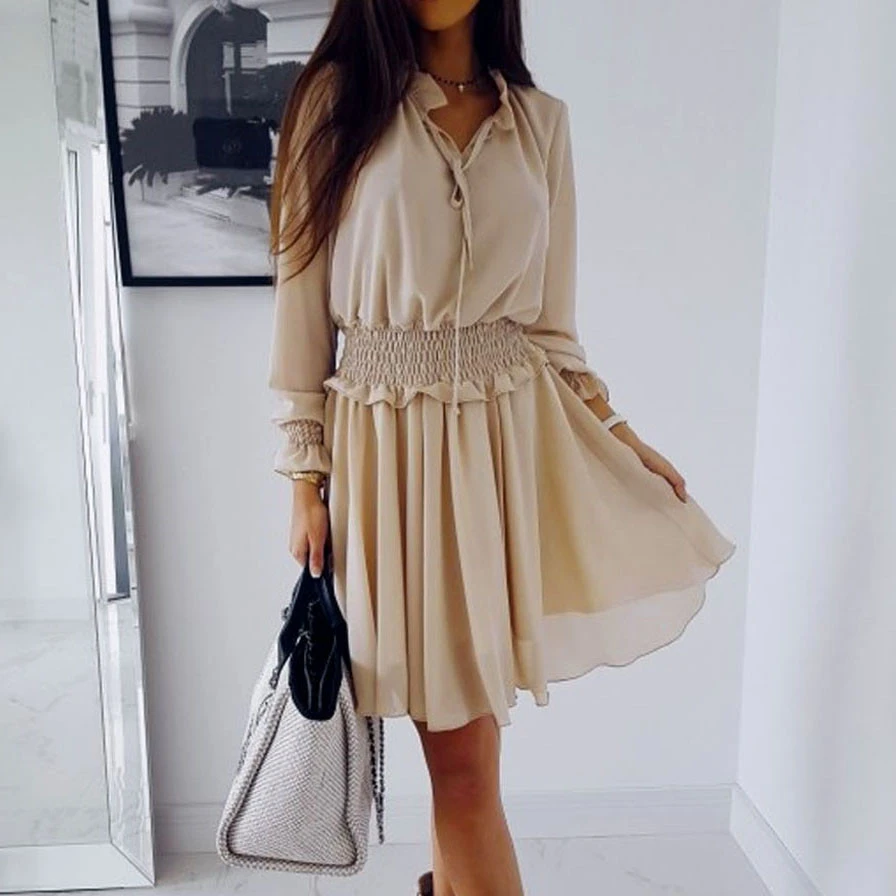Women Fall Long Sleeve Dress Elegant Party Female Chiffon Dress O Neck Solid Pleated Casual Office Winter Vestidos Mujer 807