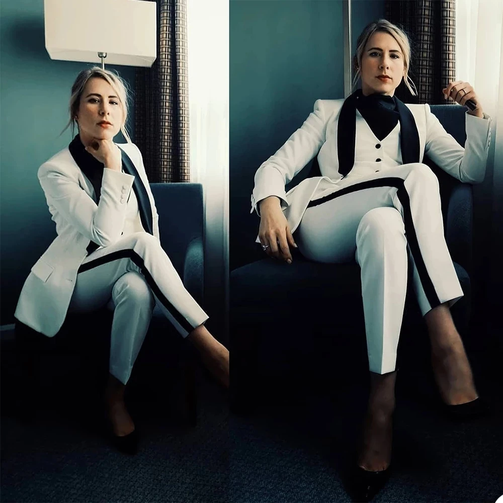 

Spring Black Peaked Lapel White Women Suits Smoking Business Lady Set Jacket+Vest+Pant Custom Made Mother Of Bride Blazer Tuxedo