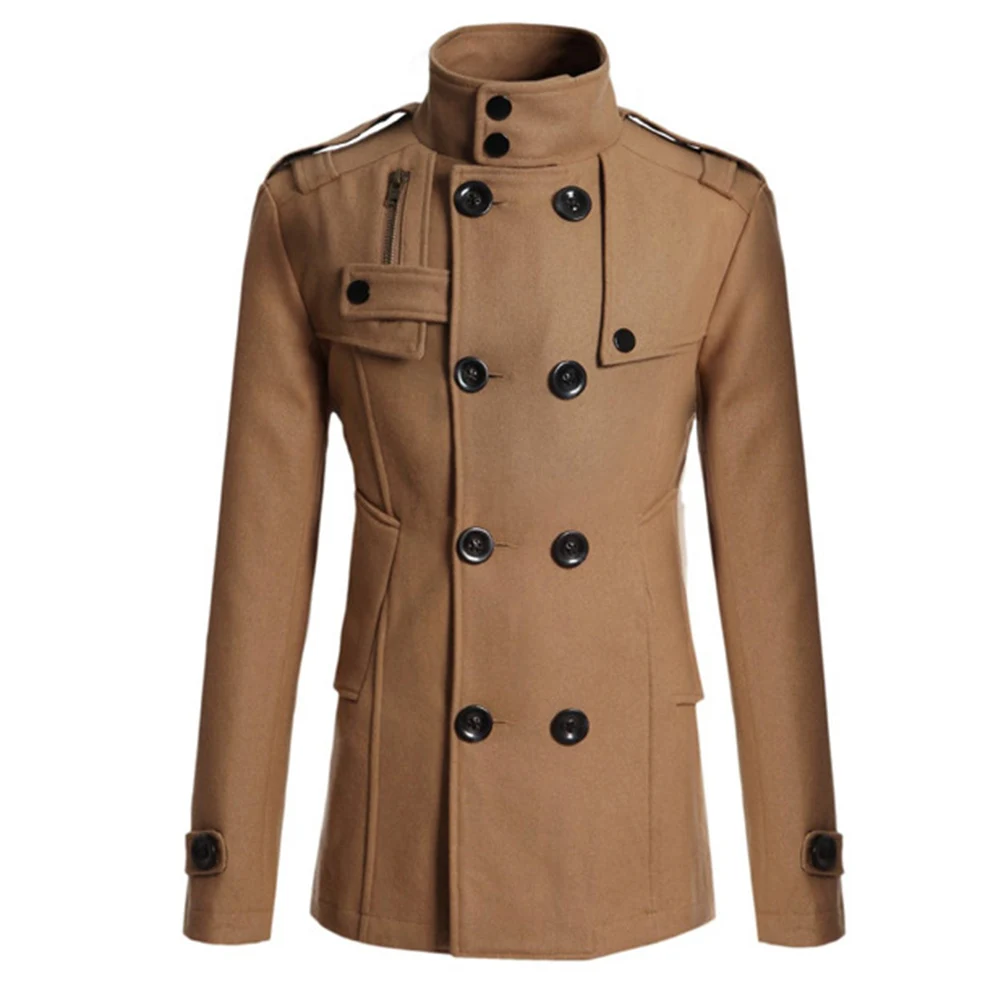 Men Long Sleeve Lapel Collar Double-breasted Pockets Woolen Slim Trench Coat Men's Slim Fit-Slim Fit Trench Coat Pilot Coat NEW
