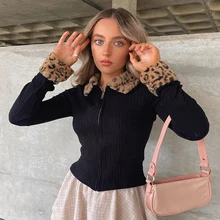 

Leopard Fur Polo Collar Slim Zipper Plush Knit Sweater Women Black Cardigan Winter Top Slim Sexy Elegant Office Lady Casual Girl