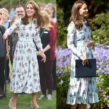 Kate Middleton Подиум Высокое качество Весна Осень Новые женские модные вечерние винтажные элегантные шикарные Шифоновые Платья с цветочным принтом