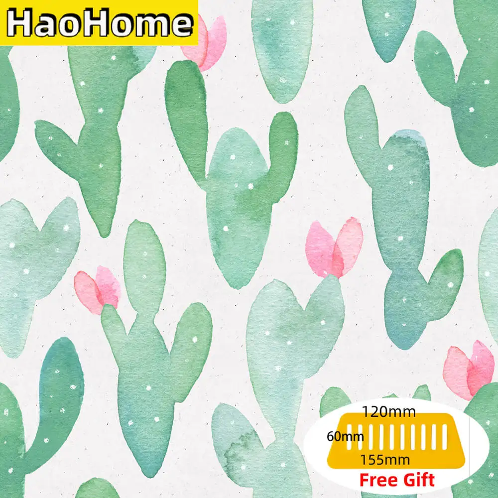 Настенная бумага HaoHome с изображением кактуса самоклеящаяся для шкафчиков зеленая/розовая виниловая декора