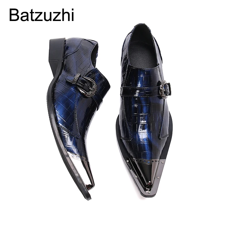 Batzuzhi Handsome Men's Shoes Luxury Handmade Leather Dress Shoes Men Pointed Metal Toe Blue Business and Party Zapatos Hombre