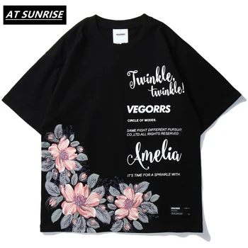 

Hip Hop Flowers Print Tees Shirts Harajuku Hip Hop Casual Short Sleeve Tshirts Streetwear Men Summer Floral Fashion black Tops