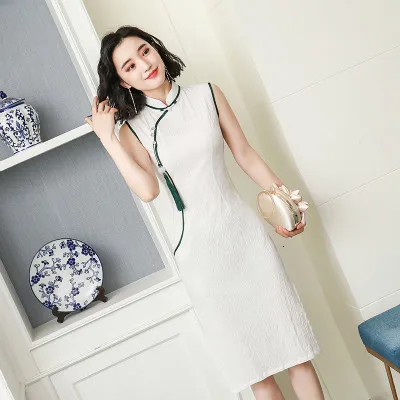 Белое Женское платье без рукавов кружевная шаль Чонсам элегантное банкетное платье из хлопка и льна Женская традиционная китайская одежда - Цвет: white cheongsam