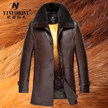 

Winter 2020 Men's Warm and Cold Mid-Length Gold Rex Rabbit Fur Liner Overcoming Mink Fur Collar Single-breasted Leather Jacket