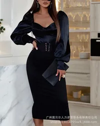 2022 novo preto cinto vestido primavera e verão